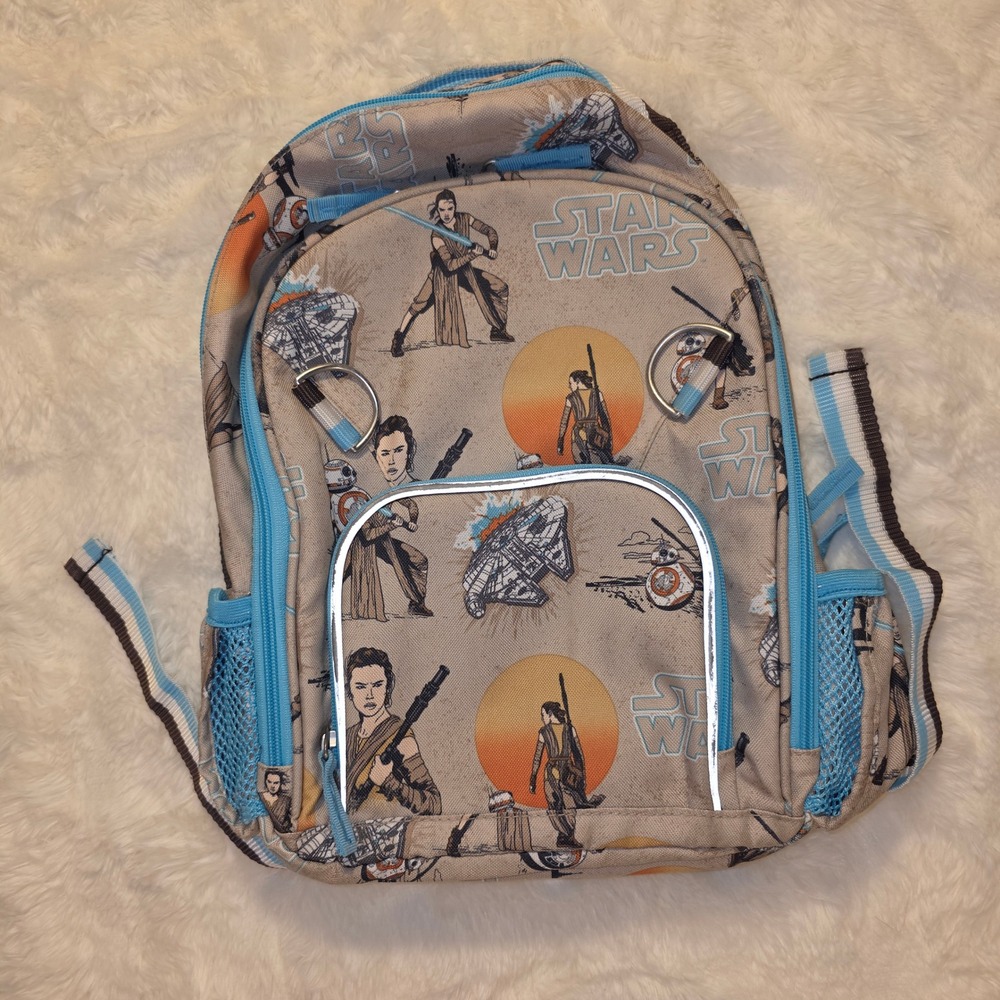Star Wars Backpack Kids One Size Tan Blue Good Rey BB-8 Millennium Falcon Print